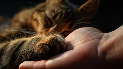 Sleeping cat resting paw on hand in warm light. Cozy comfort concept.