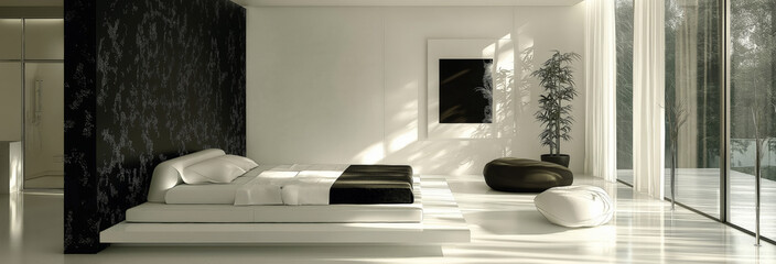 Master Bedroom in a 220 Square Meter Villa with White, Cream, Wood, and Concrete Materials Overlooking a Palm Tree Courtyard