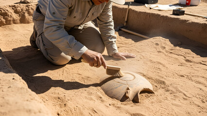 Fototapeta premium Medium shot: archeologist carefully brushes dust off ancient pottery in a desert dig. Ideal for educational content, history documentaries, museum exhibits, archaeological research,