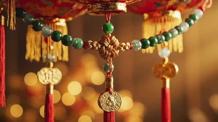 Celebrating Lunar New Year 2026 with Vibrant Decorations and Ornaments Hanging from a Colorful Umbrella
