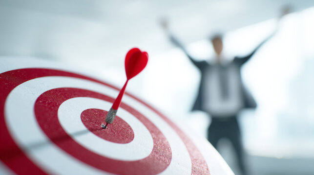 ダーツの的とガッツポーズで喜ぶビジネスマン
