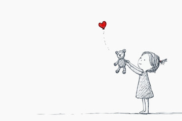 Naive vector illustration of little girl holding out teddy bear with red heart as gift. Simple childlike style suitable for Valentine&rsquo;s Day cards, nursery decor, or kids&rsquo; packaging with copy space