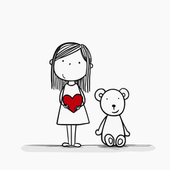 Naive vector illustration of teddy bear sitting and holding red heart. Simple childlike line art suitable for Valentine&rsquo;s Day cards, nursery decor, or kids&rsquo; packaging with copy space