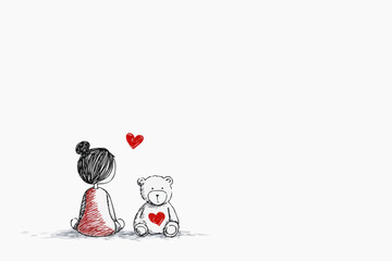 Naive vector illustration of little girl sitting beside teddy bear with heart on its chest. Childlike outlines suitable for Valentine&rsquo;s Day cards, nursery decor, or kids&rsquo; packaging with copy space