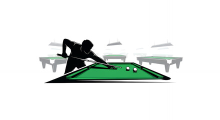 billiards emblem with silhouette of billiard player in snooker club, flat minimalist style illustration