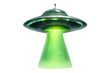Flying saucer hovering with green tractor beam, extraterrestrial transport technology, science fiction space travel