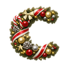 Christmas letter C decorated with ornaments and lights