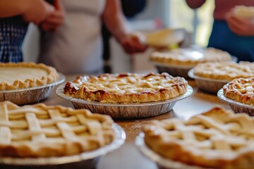 Several warm baked fruit pies and unbaked pie crusts sit neatly displayed on a light surface, ready to enjoy.