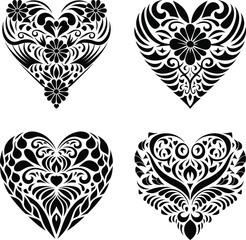 Decorative Ornamental Floral Heart Silhouette Vector Set