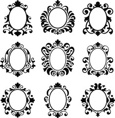 Vintage Oval Frame Vector Set with Baroque Floral Ornaments and Decorative Swirl Borders
