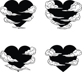 Set of Black Heart Silhouettes with Swirling Clouds and Smoke Tattoo Style Vector