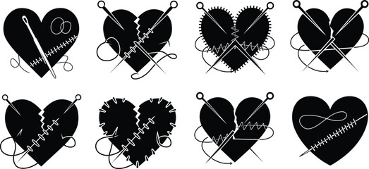 Stitched Broken Heart Icons. Mended Love Silhouettes Vector Set