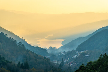 Vila do Geres and the Canicada Dam reservoir in the Peneda-Geres National Park at Sunset. Cavado River. Forest Hills. Portugal 