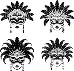 Decorative Carnival Mask Silhouette Vector Set for Mardi Gras and Masquerade