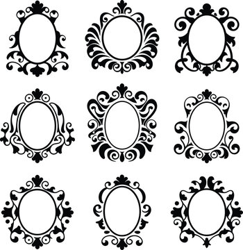 Vintage Oval Frame Vector Set with Baroque Floral Ornaments and Decorative Swirl Borders