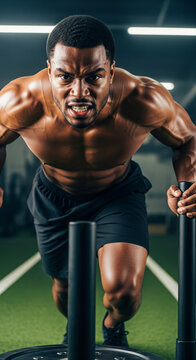 Intense muscular man pushing a heavy weight sled during a workout in a modern gym