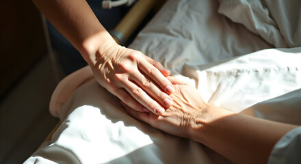 Fototapeta premium A nurse in scrubs comforts a patient by holding hands in a calm hospital setting, emphasizing care, empathy, and healing during rounds. 