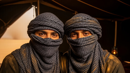 Intimate Bedouin couple portrait in desert tent. Warm oil lamp, indigo headscarves, sandy skin, sandstorm outside. Ideal for cultural heritage, travel, resilience, Middle East holidays,