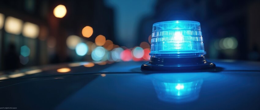Blue emergency siren light on service vehicle at night city