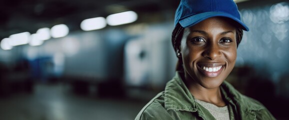 smiling black female truck driver wearing a green jacket and blue baseball cap
