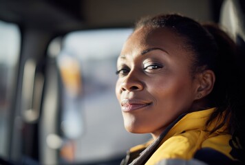 black female truck driver sitting in the cabin of her lorry