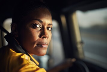 black female truck driver sitting in the cabin of her lorry