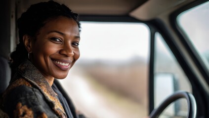 happy african american woman sitting in the driver's seat of her truck