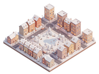 Obraz premium Isometric Winter Cityscape with Snow Covered Buildings and Park. Vector Illustration. EPS Editable