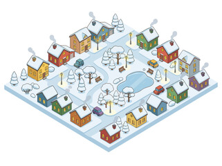 Obraz premium Isometric Winter Town with Colorful Houses and Snowy Landscape. Vector Illustration. EPS Editable