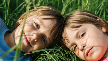 Innocent twins rest in sun-dappled summer grass, one smiling, one serious, embodying childhood nostalgia and natural connection. Ideal for family, wellness, or outdoor lifestyle content,
