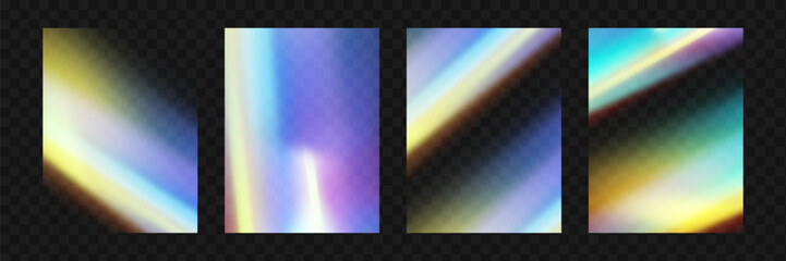 Crystal prism light flare background,transparent rainbow overlay with diamond neon glare effect and iridescent blur.