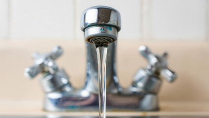 Running tap water pouring from modern steel mixer in sink