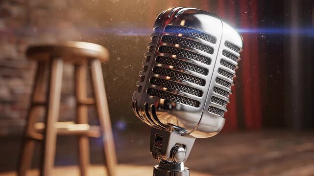 Empty stage with a classic vintage microphone and a wooden stool under a dramatic spotlight set against a rustic brick wall and elegant red curtains evoking a sense of anticipation for a live perform. - Powered by Adobe
