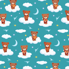 The bear cubs ride on the clouds among the stars.Vector seamless pattern with bears on clouds and stars on a colored background. © Anatolii