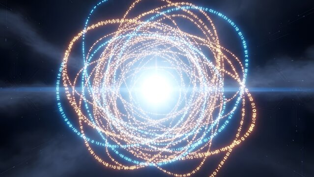 Abstract technology glowing circle composed of digital numbers on dark backdrop - Powered by Adobe