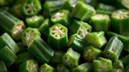 Fresh Chopped Okra Background. Healthy Vegan Vegetable Food.