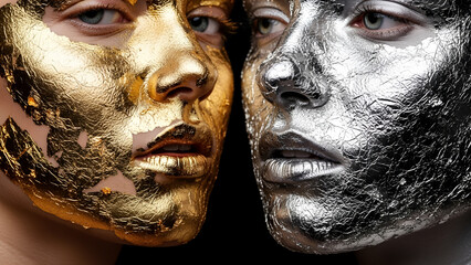Macro shot of high-fashion models showcasing avant-garde gold leaf and silver foil makeup on skin, dramatically lit with sharp reflections on an infinite black background.