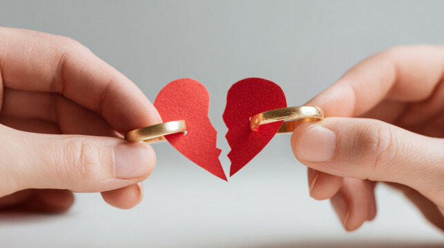 Hands holding a broken red paper heart with gold wedding rings, concept of divorce or relationship breakup