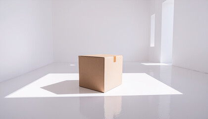 A Single Cardboard Box in a Bright White Room with Hard Shadows and Reflective Floor Surface