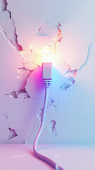 Glowing Internet Cable Plug Embedded in Cracked Wall with Neon Light in a Futuristic Cyber Concept