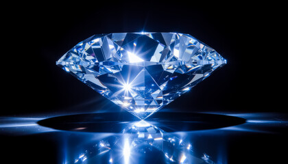 An Ultra-Sharp Brilliant Diamond Reflecting Blue Light with Dramatic Highlights on a Dark Surface
