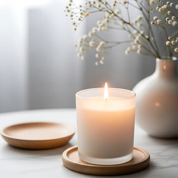 A serene lit candle on a wooden coaster with a vase of flowers nearby