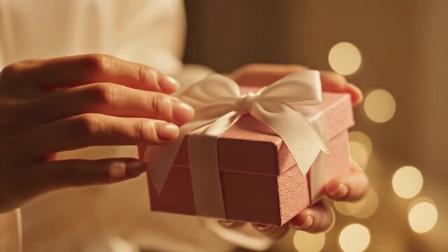 Hands Holding Gift Box with Ribbon.