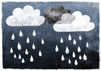 Illustrated clouds and rain drops on dark blue background for weather concept