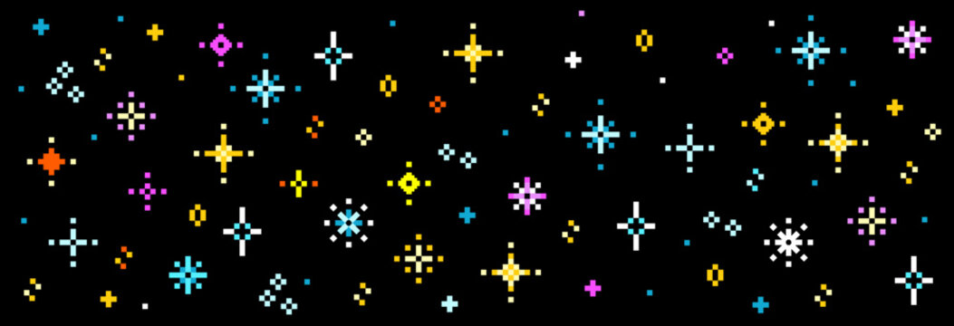 pixel art of star icons sparkles, shining burst for background night sky. 8-bit Glowing galaxy icons.
