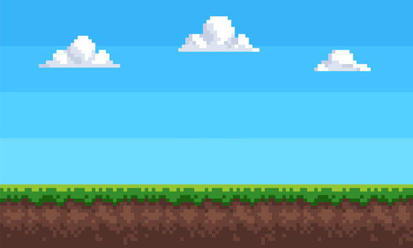 Pixel art background sky, clouds and grass. seamless Vector illustration