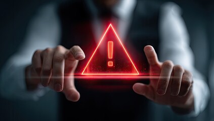 Man displaying illuminated caution symbol over a dark background