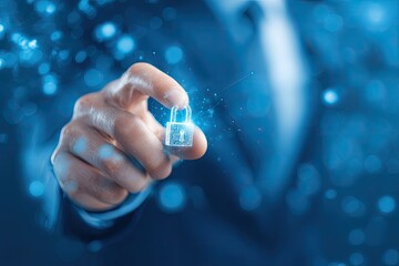 Man holding a digital padlock with blue glowing particles concept