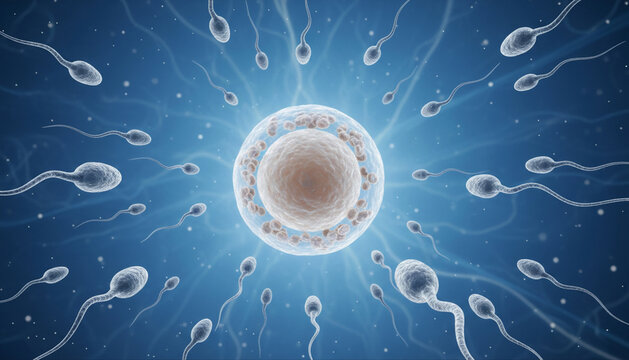 Human fertilization concept with sperm cells swimming towards a glowing egg cell