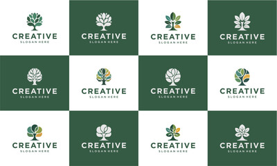 A grid of twelve distinct, stylized tree logos with 'CREATIVE' text, showcasing various designs for branding and nature-related businesses.